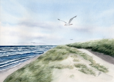 Postkarte DIN-A6 Aquarell Maritim Kunst Druck Kunstdruck Dänemark Nordsee Ostsee Düne Meer Möwe Strand